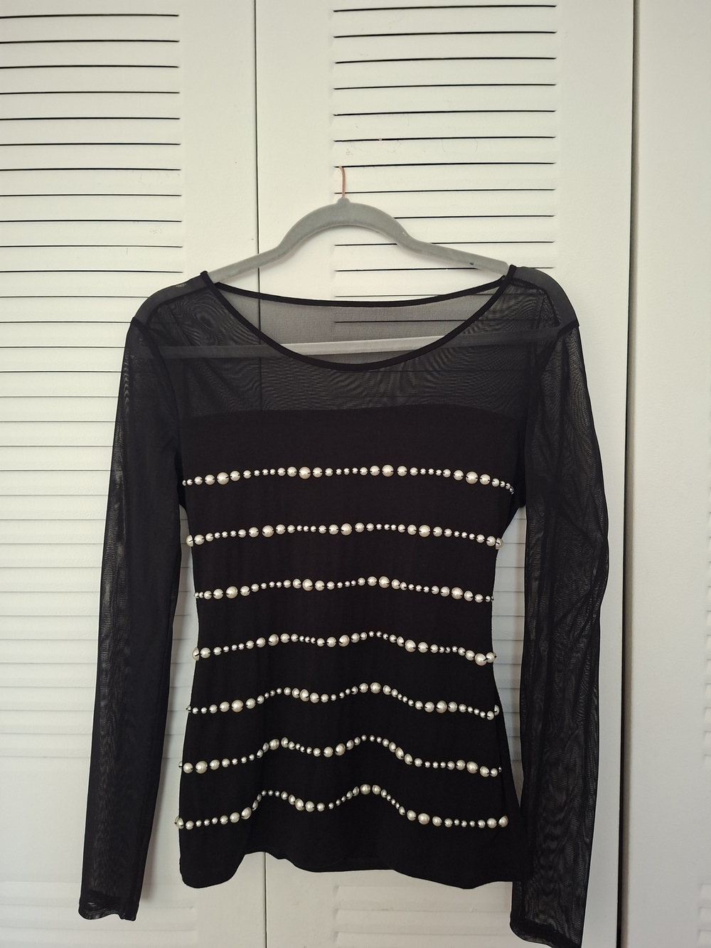 INC International Concepts Black Mesh Long-Sleeve Top with Pearl Stripes